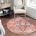 Lahome Bohemian Floral Medallion Round Rug - 3Ft Small Hot Pink Round Area Rug for Girls Bedroom Nursery Mat, Boho Washable Soft Indoor Throw Entryway Carpet for Living Room Office Coffee Table