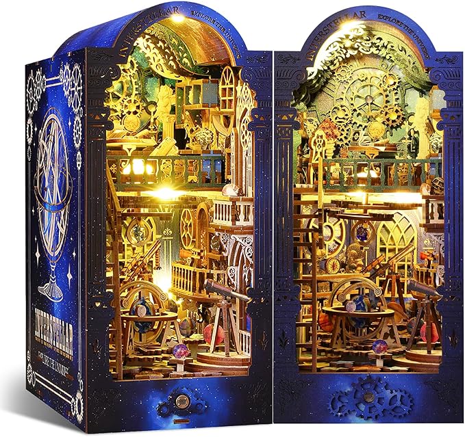 DIY Book Nook Kit Dollhouse Magic Booknook Bookshelf Insert Decor 3D Wooden Puzzle Bookend Miniature Kit with Sensor Light Creative Craft/Home Decoration for Adult (Interstellar Exploration)