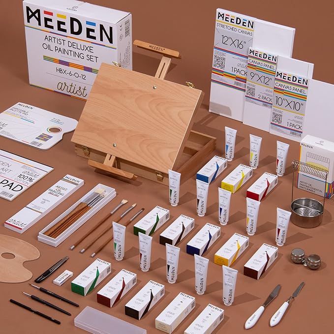 MEEDEN Oil Painting Kit, Painting Sets with Sketch Easel Box, Professional Art Paint Supplies Kit with Paint Brushes, Palette Knives, Canvases for Painting Supplies for Adults