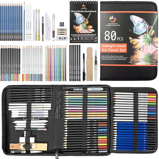 H & B 80-Pack Colored Sketching Art Pencil Set with 3-Color Sketchbook and Coloring Book - Includes Graphite, Watercolor, Metallic, and Oil-Based Colored Pencils