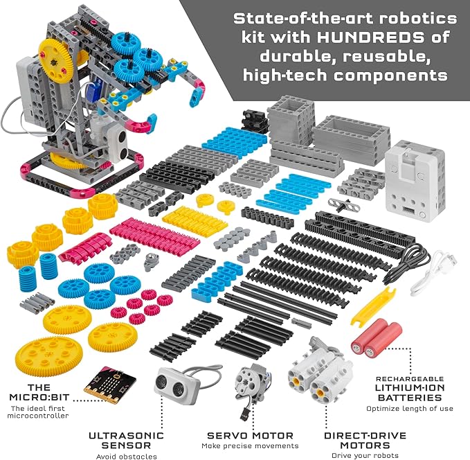 Thames & Kosmos Robotics Workshop with Micro:Bit STEM Experiment Kit, Creative, Educational Coding & Programming Curriculum for Home & School Use, Utilizes MakeCode App to Learn Python, Javascript