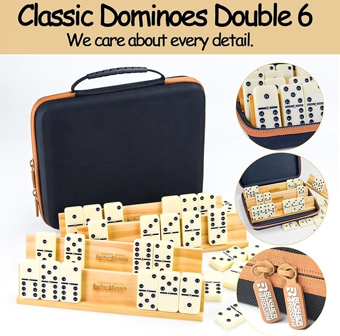 Dominos Set Adults with 4 Domino Racks Double Six Dominoes set in Portable Case Double 6 Domino's Game Set with 4 Wooden Domino Holders in EVA Hard Case Sturdy and easy to carry Ideal Gift Present