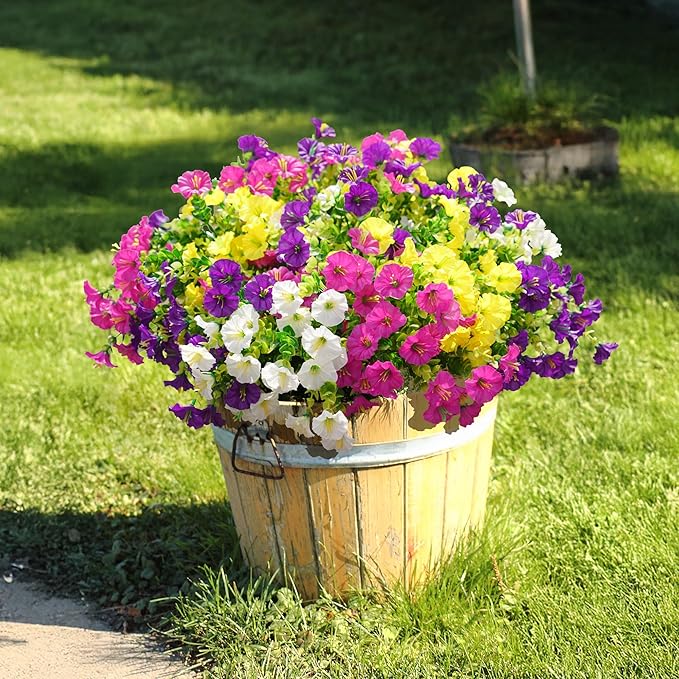 Artificial Flowers Fake Plants for Outdoors Decoration, 12 Bundles Silk Morning Glory with Eucalyptus Realistic UV Resistant Faux Flowers for Outside Planter Porch Yard Patio Garden Home Indoor, Mix