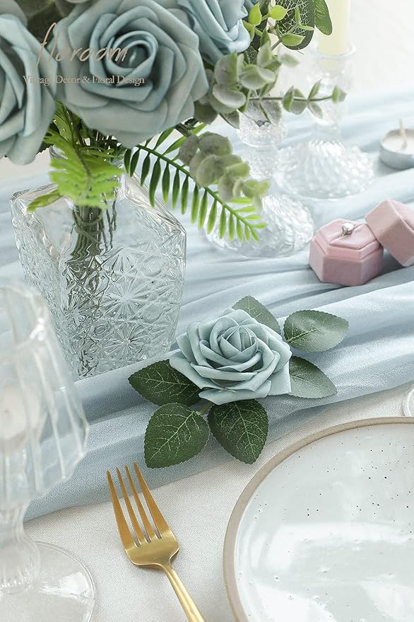 Floroom Artificial Flowers 25pcs Real Looking Dusty Blue Foam Fake Roses with Stems for DIY Wedding Bouquets Bridal Shower Centerpieces Floral Arrangements Party Tables Home Decorations