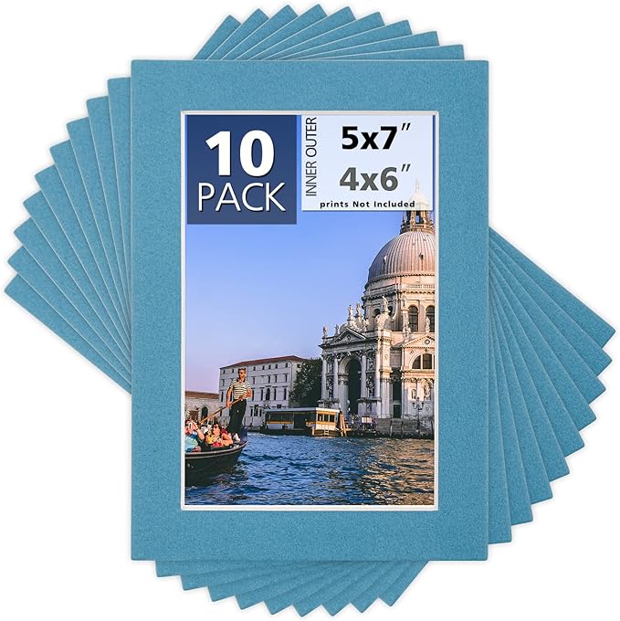 Mat Board Center, Pack of 10, 5x7 for 4x6 Dynamic Blue Color Mats - Bevel Cut, Acid Free, 4-ply Thickness, White Core - for Pictures, Photos, Framing