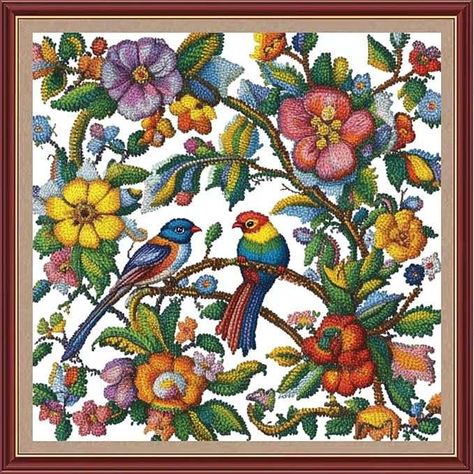 DMCXART Counted Cross Stitch Kits for Adults Needlepoint Kits Unprinted Cross Stitching Embroidery Kit 11CT Cross Stitch Supplies-Colorful Flowers and Birds 18x18 inch