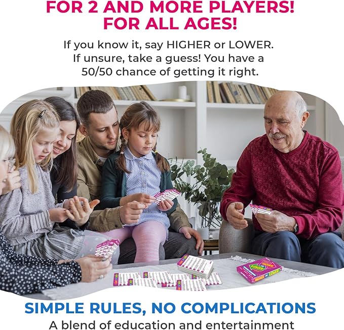 QUOKKA Trivia Board Games for Kids and Adults - Version V2.0 - Family Night Science Games 4xSet Higher or Lower Trivia Cards | Guess Fun Questions | 2 + Players - Challenge Your Science Knowledge