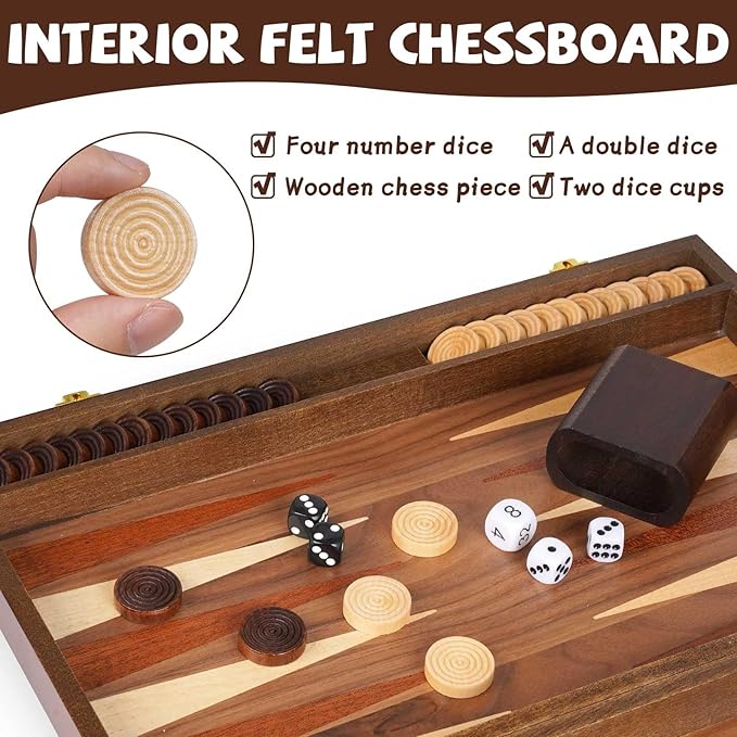 Wooden Backgammon Board Game Set (15 Inches) for Adults and Kids - Classic Board Strategy Game - Portable and Travel Set Family Game Night Vintage Backgammon Strategy Game