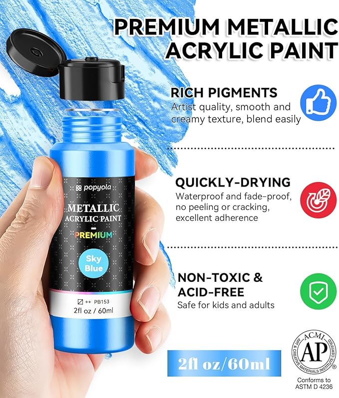 52 PCS Metallic Acrylic Paint Set with 12 Brushes, 2 Knives & Palette, 36 Colors (2oz/60ml) Art Craft Paint for Adults Kids Artists Beginners, Halloween Pumpkin Canvas Ceramic Rock Painting Kit