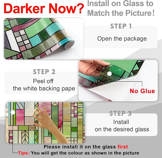3D Stained Glass Window Privacy Film, Heat Control UV Blocking Static Cling Decorative Window Film for Bathroom,Front Door,Home Non Adhesive 16.9 x 39.3 inches Colorful Abstraction