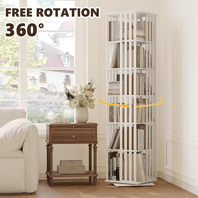 YOWOS Rotating Bookshelf Tower, 360 Display Spinning Bookcase, Bamboo Bookshelf Floor Standing Storage Rack, Wood Narrow Book Shelf Organizer for Kids&Adults (White, 6 Tier)