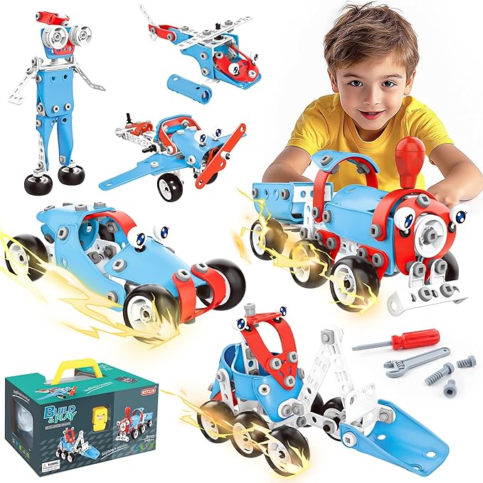SMILESSKIDDO STEM Kits, 6-in-1 Kids Building Blocks Set - 142 PCS Educational Construction Toys with Storage Box for Kids Ages 5+