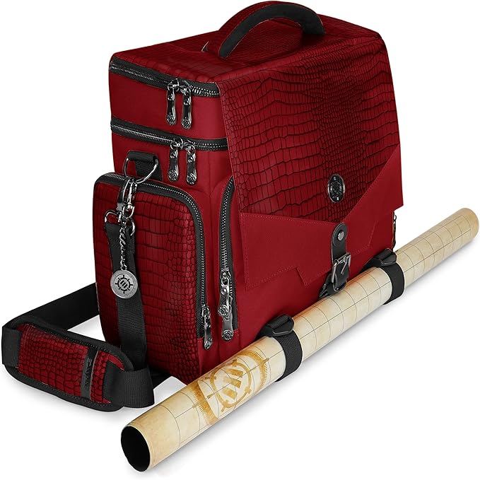 ENHANCE DND Bag - RPG Dungeons and Dragons Accessory Bag with Mini Storage, Mat Holder, Dice Pockets, Suitable for 4-8 Books, Red Dragon, Customizable