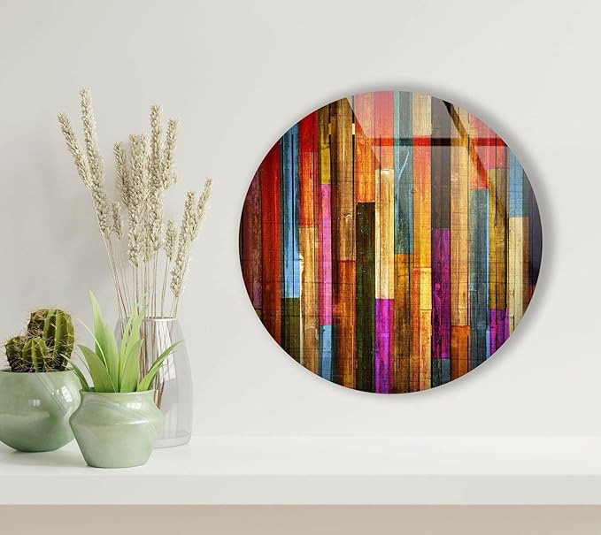 My Photostation.com 27.5''(70cm) Diameter Colorful Wood Pattern Round Glass Wall Art Tempered Glass Printing Wall Decor Large Wall Art Wall Hangings
