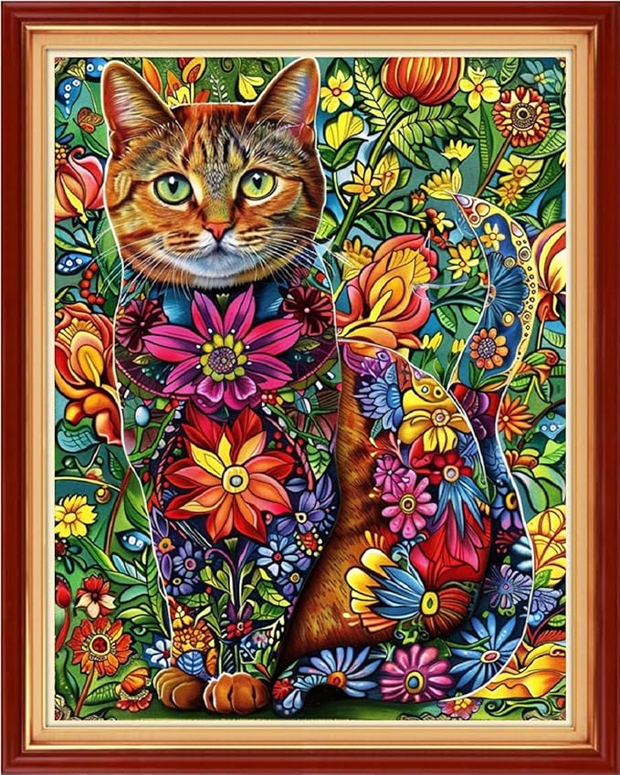 Stamped Cross Stitch Kits - Beach Night Landscape Counted Cross Stitch Kits for Beginners Adults Needlepoint Cross-Stitch Patterns-Flower Cat 16x20 inchs