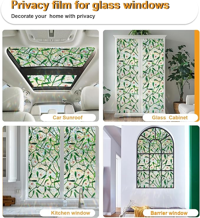 Window Privacy Film Stain Glass Window Film Rainbow Window Film Window clings Non-Adhesive Reusable Decorative for Room (Mistletoe Rainbow, 45.27 x 157.4 in)
