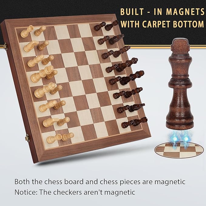 Magnetic Wooden Chess Set, 15" Folding Chess Board with 2 Extra Queens, Portable Travel Chess Set with Pieces Storage Slots, Beginner Chess Board Game for Adults & Kids
