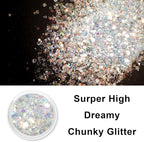 Renfio Opal Chunky Glitter, 1.75oz/50g Silver Glitter, Dreamy High Sparkle Glitter for Crafts Holographic Fine Glitter Mix Iridescent Glitters Flake for Resin Nails Art Hair DIY Snow Globe - Azure Sea
