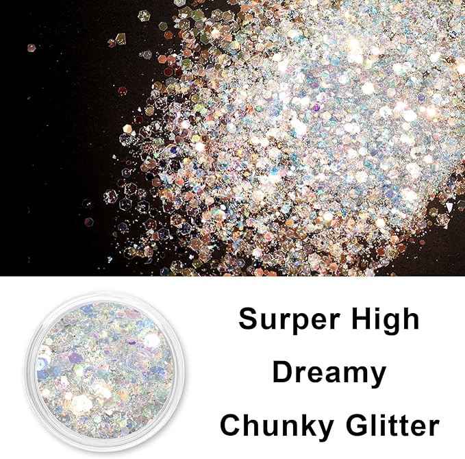 Renfio Opal Chunky Glitter, 1.75oz/50g Silver Glitter, Dreamy High Sparkle Glitter for Crafts Holographic Fine Glitter Mix Iridescent Glitters Flake for Resin Nails Art Hair DIY Snow Globe - Azure Sea