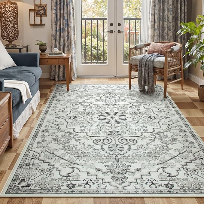 Lahome Area Rug 5x7 Washable Living Room Rug, Large Soft Bedroom Rug, Bohemian Medallion Non Slip Non Shedding Low Pile Accent Print Indoor Carpet for Dining Room Office Playroom, Beige