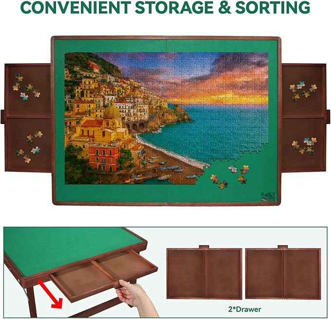 1000 Piece Puzzle Table with Legs, 29.7" x 22.2" Wooden Jigsaw Puzzle Board with Drawers, Cover & Felt, Portable Puzzle Table with Folding Legs for Adults and Teens, Christmas Birthday Gift
