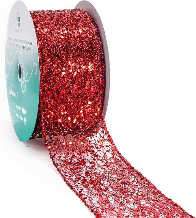 CT CRAFT LLC Sparkling Glitter Mesh Wired Ribbon 2.5" x 20 Yards Red for Christmas Home Decor Bow Gift Wrapping DIY Crafts Wreath