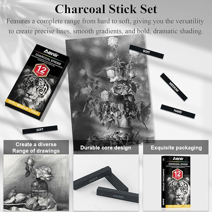 Compressed Charcoal Sticks Set of 12 – Soft, Medium, Hard Charcoal for Drawing, Sketching & Shading – Art Supplies for Artists, Beginners & Adults