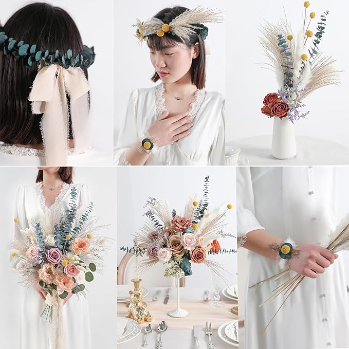 Serra Flora Natural Dried Pampas Eucalyptus Rabbit Tail Grass,(Pack of 66pcs) with 6 Kinds of DIY Bridal Artificial Bouquets Home Decor Wedding Floral Arrangement Table Centerpieces
