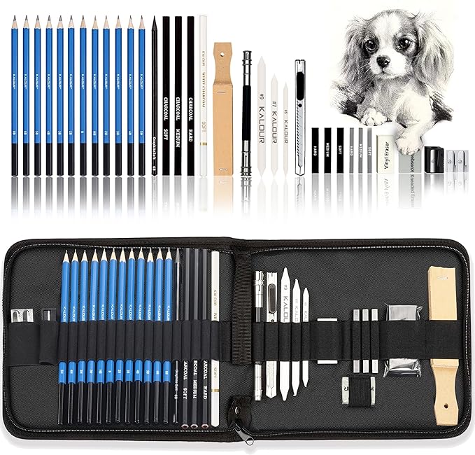 KALOUR 33 Pro Drawing Kit Sketching Pencils Set,Portable Zippered Travel Case-Charcoal Pencils, Sketch Pencils, Charcoal Stick,Sharpener,Eraser.Art Supplies for Artists Beginner Adults Teens