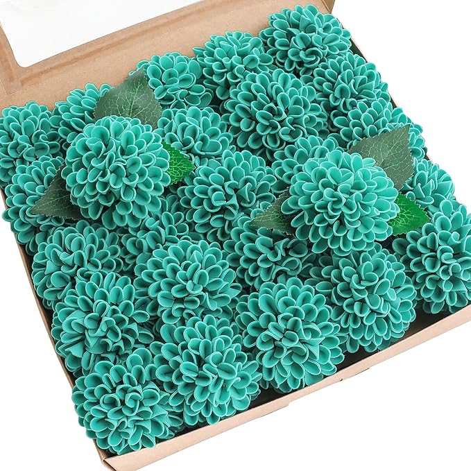 Floroom Artificial Dahlia Flowers 25pcs Real Looking Teal Green Foam Fake Roses with Stems for DIY Wedding Bouquets Bridal Shower Centerpieces Floral Arrangements Party Tables Home Decoration