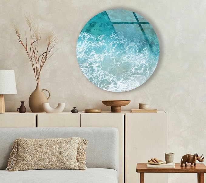 My Photostation.com 15.8''(40cm) Diameter Sea Waves Round Glass Wall Art Tempered Glass Printing Wall Decor Large Wall Art Wall Hangings