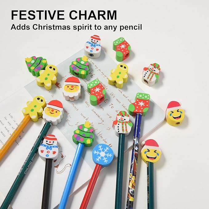 HILAZA 42Pcs Christmas Pencil Top Erasers for Kids Bulk, Cute Eraser Toppers Pencil Cap Erasers for Stocking Stuffers Goodie Bags Stuffers Holiday Party Favors