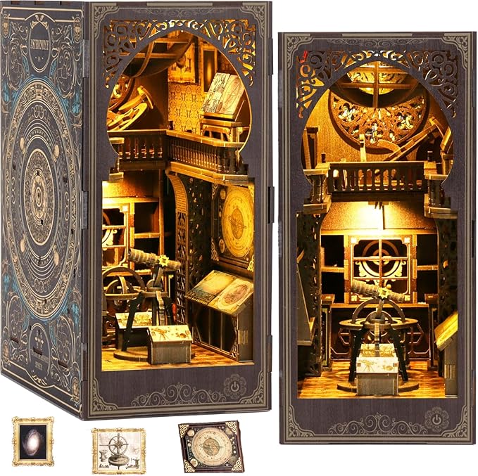Book Nook Kits for Adults, 3D Printed DIY Miniature House Kit Astronomical Museum Booknook Wooden Puzzle Dollhouse Bookshelf Insert Decor with LED Lights Gifts for Book Lovers, Space Enthusiasts