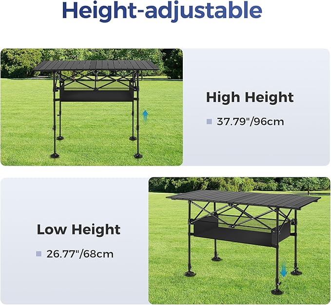 ALPHA CAMP Camping Table Outdoor Portable Table with Storage Adjustable Aluminum Table for Grill Travel Table Outdoor Picnic,Beach,BBQ,Backyards