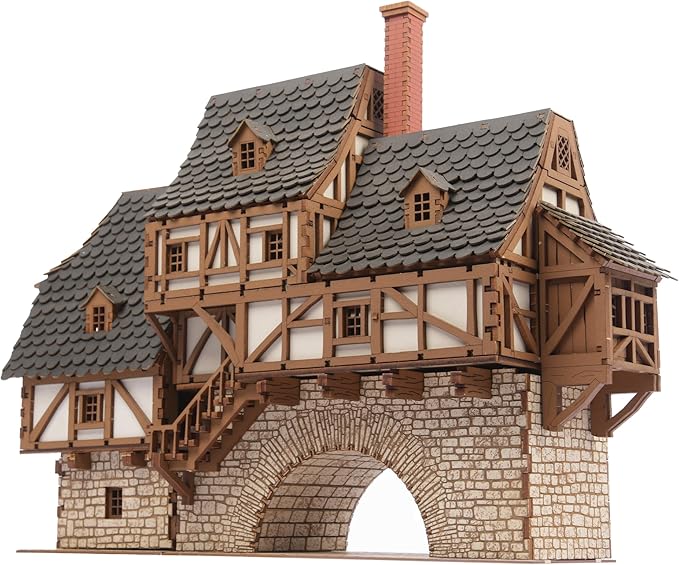 Fawlty Manor (Pro Texture) - Bridge Dwelling - Medieval Tavern - Medieval Europe Series - 3D Puzzle - Architectural Model Kit - DIY - 28mm Scale – 465 Pieces – Ages 15 Years and Above