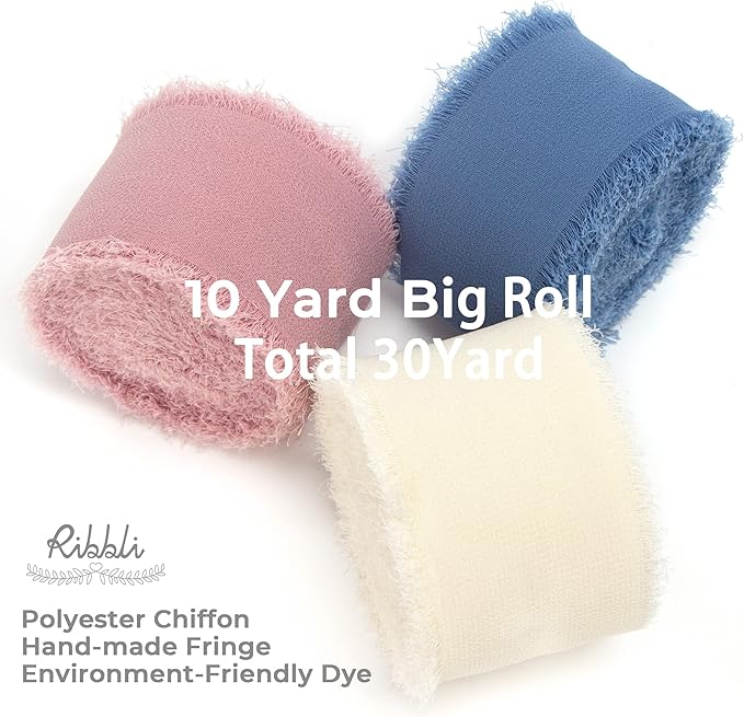 Ribbli Chiffon Silk Ribbon, 1.5 in x 30 Yards, Ivory/Dusty Rose/Dusty Blue Fringe for Wedding Invitations, Bridal Bouquets, Flower Arrangements