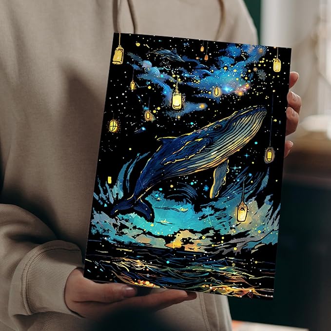 Scratch Paper Art for Adults-Glow in The Dark Scratch Painting Craft Kit (8 Sheets A4)|DIY Foil Engraving Art Set|Stress Relief Gift for Travel Lovers,Craft Lovers,Home Decors (Butterfly & Whale)