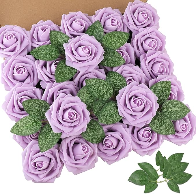 AmyHomie 25pcs Real Looking Artificial Lavender Roses w/Stem for DIY Wedding Bouquets Centerpieces Arrangements Party Baby Shower Home Decorations