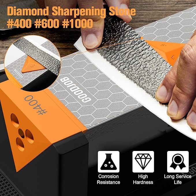 Extra Large Diamond Sharpening Stone Set 3 Side Grit 400/600/1000 Premium Industrial Diamond Knife Sharpener Suitable for Steel of any Hardness with Angle Guide and Non-Slip Base (GB-3DL)