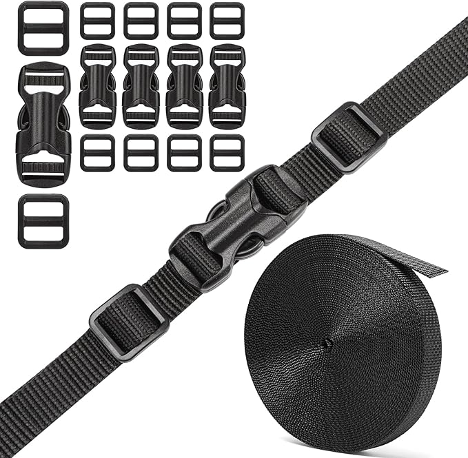 5/8" Buckle and Strap Set: 6 Yards of Thick Nylon Webbing, 6 Pack Quick Side Release Adjustable Plastic Buckles, 12 Tri-Glide Slide Clips, Black (5/8" Combo Set)