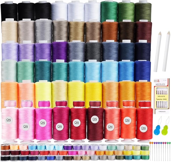 124 Pcs Pre Wound Bobbins Sewing Thread, 50 Colors Polyester Sewing Thread Kit, 500 Yard Thread for Sewing Machine, Beginners, Stitching, Travel, DIY, Sewing Supplies