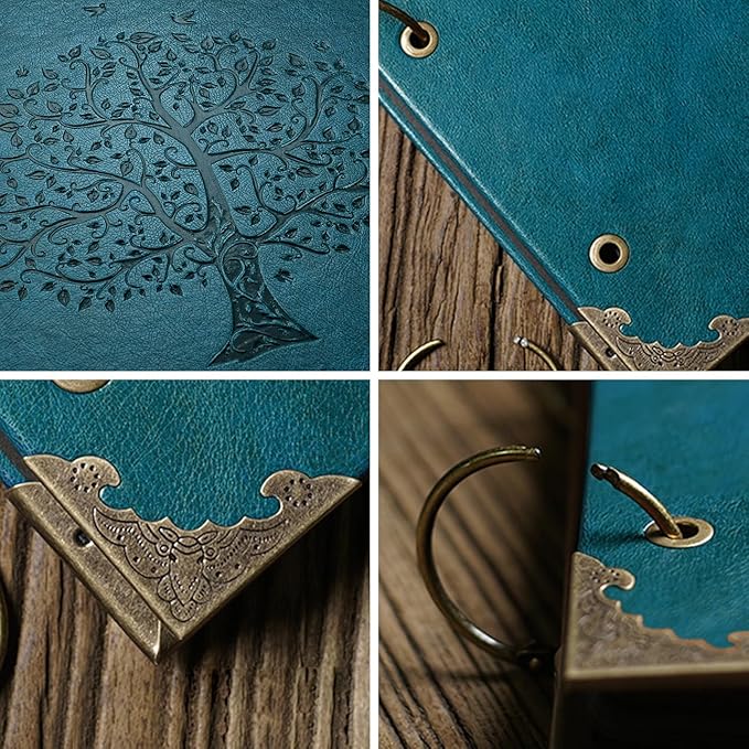 Photo Album DIY Scrapbook, 10x10 inch 50 Pages Vintage Leather Cover Three-Ring Binder Family Picture Booth Albums with 408pcs Self Adhesive Photos Corners for Memory Keep, Tree (Jasper Green)