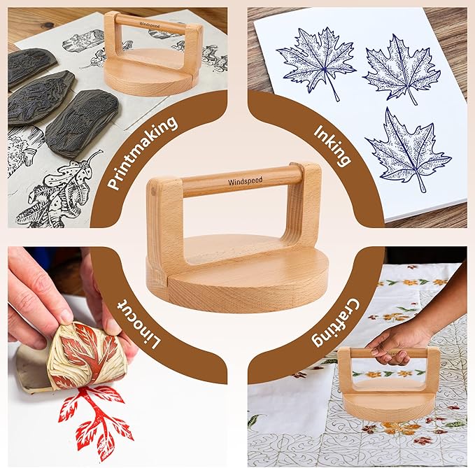 Windspeed Upgrade Wood Baren for Printmaking, 5.5 in Thicker Block Printing Baren Tools Printing Wood Block for Linocut Scrapbooking Crafting Embossing Tool with Wiping Cloth