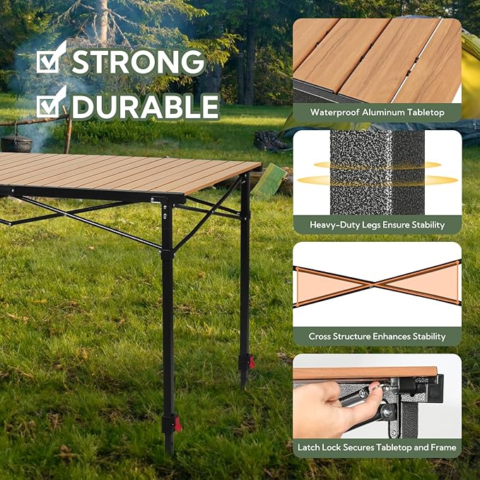Portable Outdoor Adjustable Height Camping Table, Large for 2-6 Person, Foldable Roll-up Aluminum Camp Table with Carry Bag for Picnic, Camp, Sturdy, Stable, Loads 220 Lbs