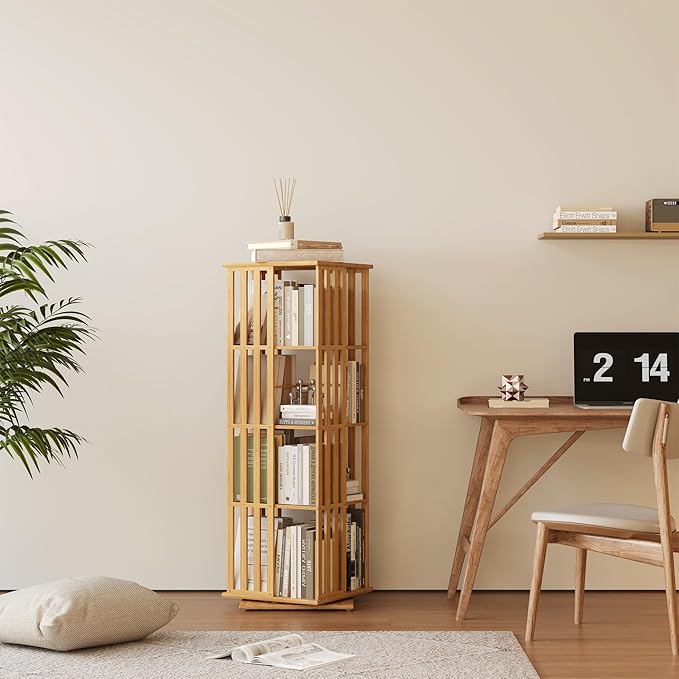 YOWOS Rotating Bookshelf Tower, 360 Display Spinning Bookcase, Bamboo Bookshelf Floor Standing Storage Rack, Wood Narrow Book Shelf Organizer for Kids&Adults (Nature, 4 Tier)