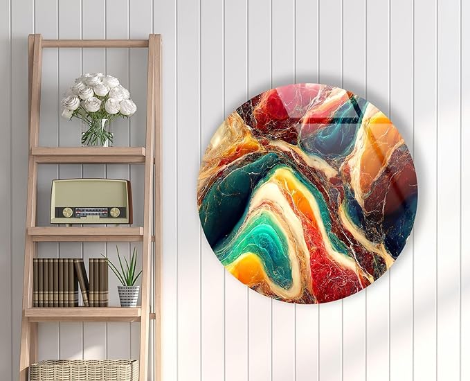 My Photostation.com 24''(60cm) Diameter Colorful Marble Swirl Round Wall Art Abstract Glass Decor with Earthy Tones & Gemstone Texture