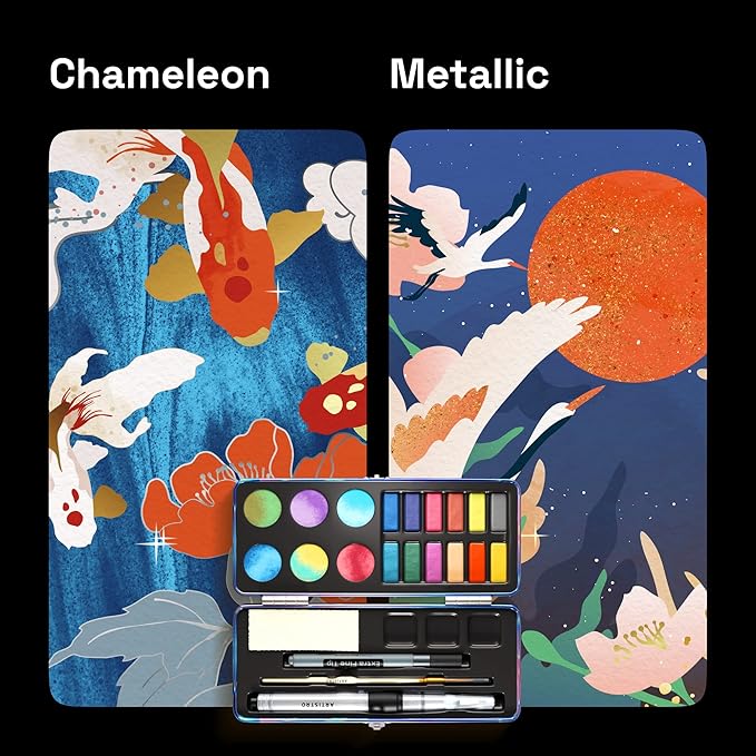 ARTISTRO Metallic Watercolor Paints Set of 18, Palette set Including 12 Metallic Glitter Watercolor and 6 Chameleon Colors. Perfect Travel Watercolor Set for Artists, Amateur Hobbyists and Painting Lovers