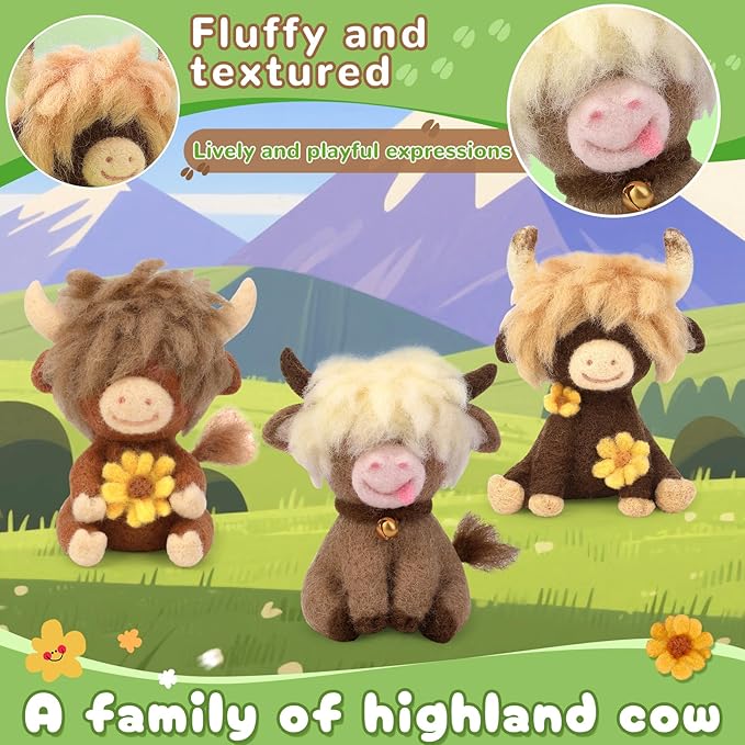 Yizzvb Needle Felting Kit, Highland Cow Family Needle Felt Beginner Kits with Instruction, Wool, Felting Needles, Felting Pad, Wool Felting Kits for Beginners Home Decoration