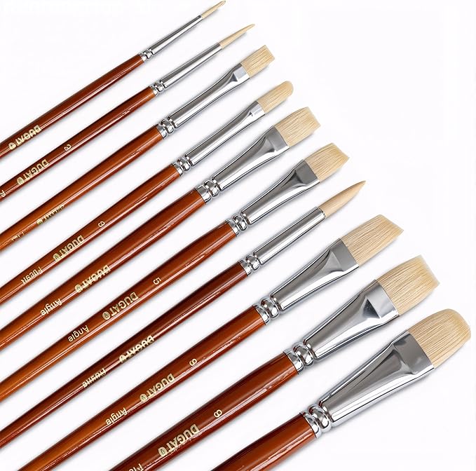 10pcs Short Handle White Hog Hair Artist Paint Brush Set by DUGATO Perfect for Acrylic Oil Gouache Watercolor, Painting Brushes Kit for Kids, Adults Fabulous for Canvas & Fabric
