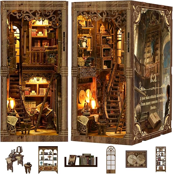 Book Nook Kits for Adult, DIY Miniature House Kit 3D Wooden Puzzles Miniature House Booknooks Dollhouse Bookend Bookshelf Insert Decor with LED Light Gift - Ancient Book Collection Room
